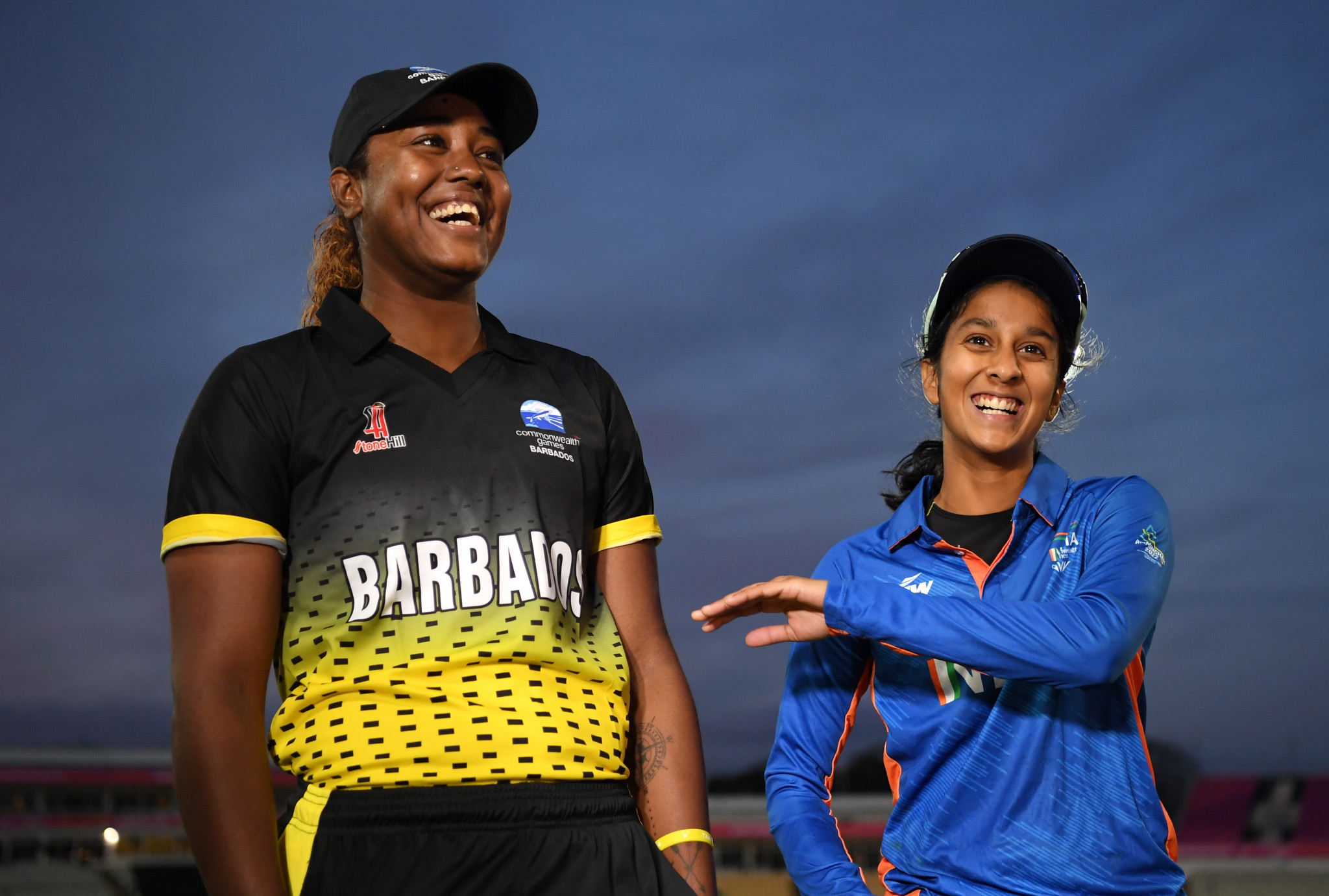 Barbados captain Hayley Matthews, left, with Jemima Rodrigues of India after the last group match at the Games ©Getty Images