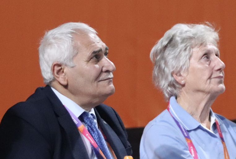 IWF President Mohamed Jalood and CGF President Dame Louise Martin watching weightlifting at the NEC in Birmingham ©Dan Kent/IWF
