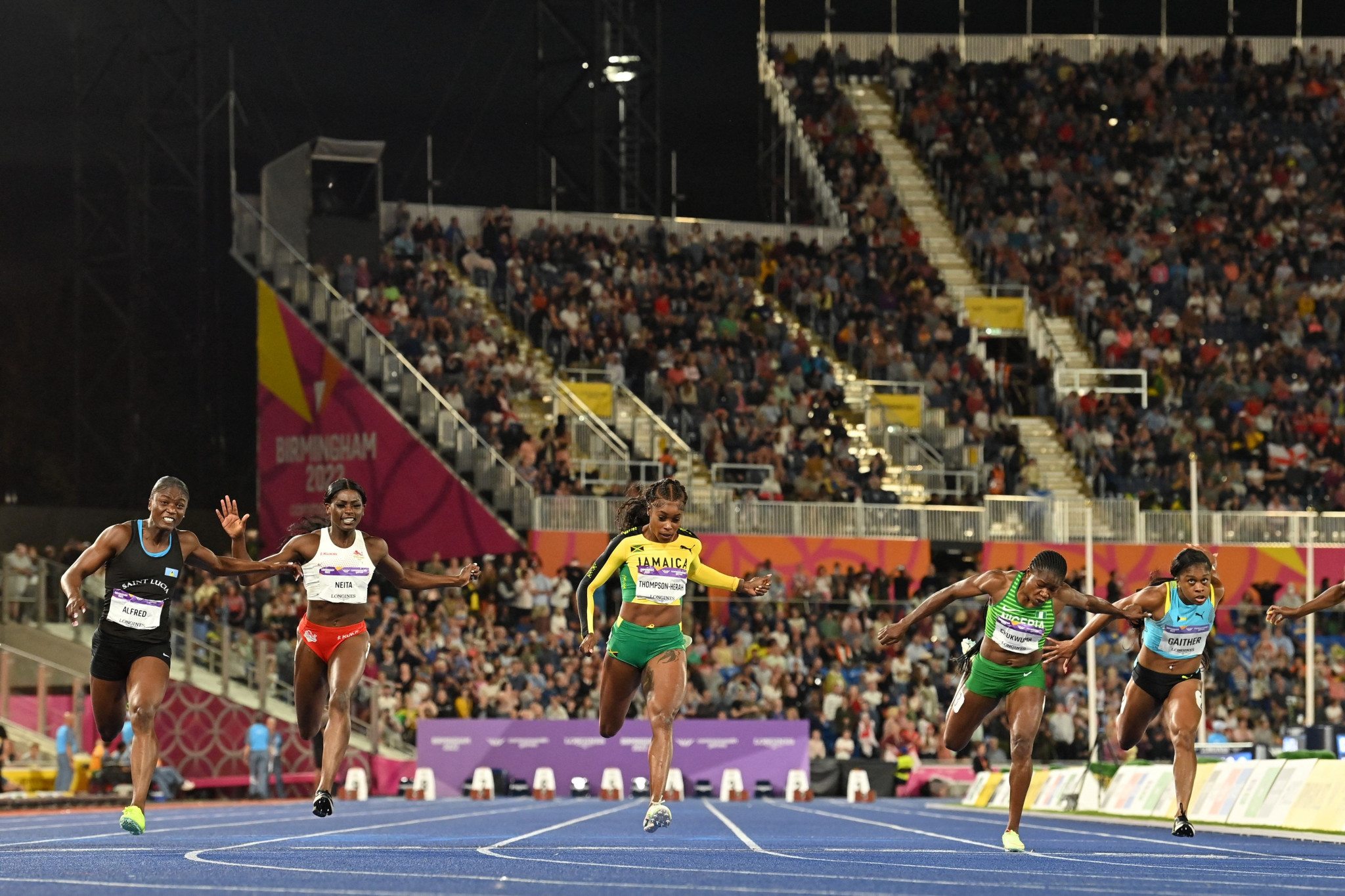 The men's and women's 100m finals were staged back-to-back at the Alexander Stadium yesterday ©Getty Images