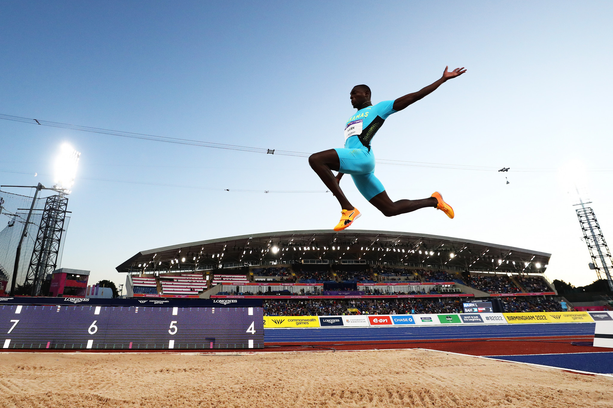 Laquan Nairn of The Bahamas is flying high as he wins the long jump title at the Alexander Stadium ©Getty Images