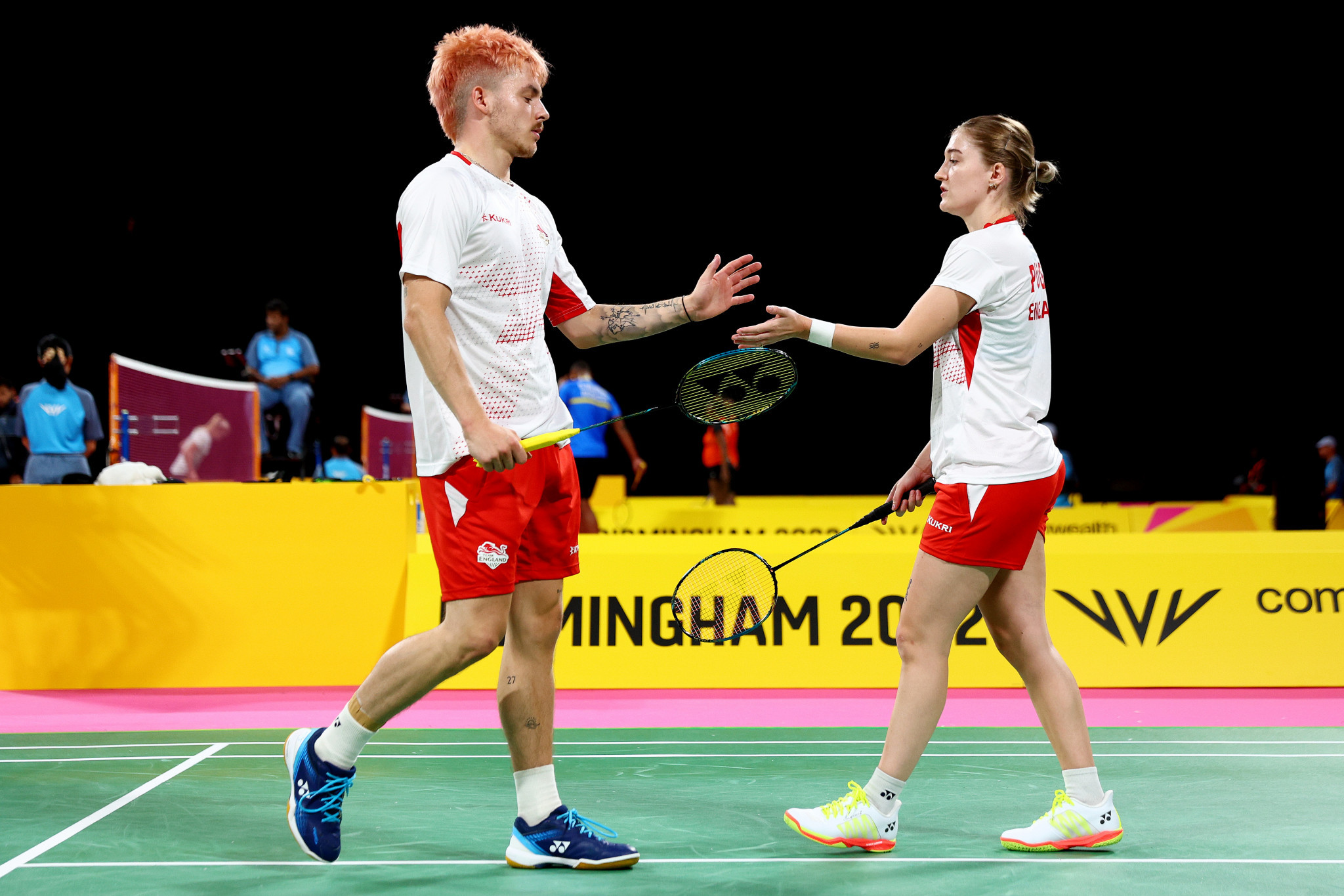 Callum Hemming, left, and Jessica Pugh advanced in the mixed doubles tournament after a feisty second round affair ©Getty Images
