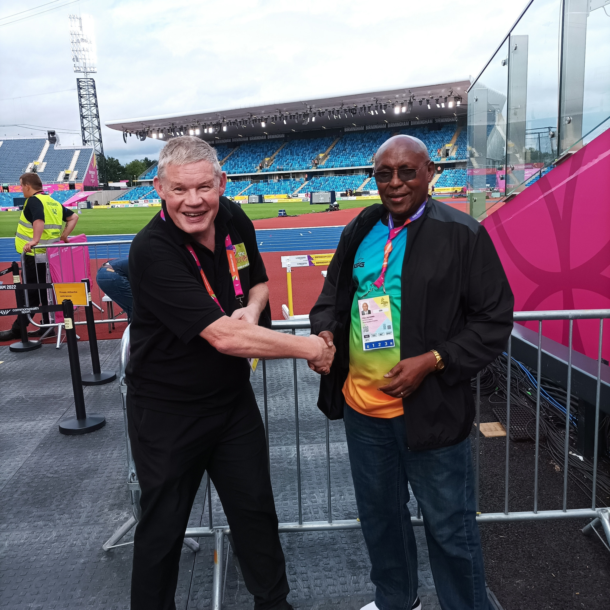 Olympic historian Philip Barker meets Filbert Bayi at the Alexander Stadium ©ITG