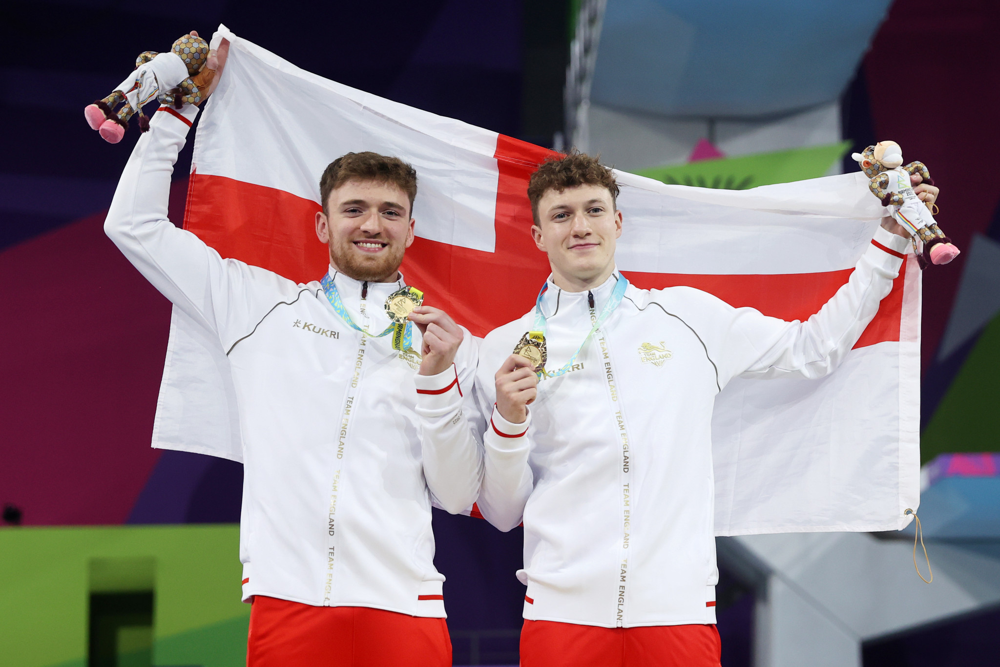 Matthew Lee, left, and Noah Oliver Williams, right, celebrated gold for England in the men's 10m synchronised platform ©Getty Images