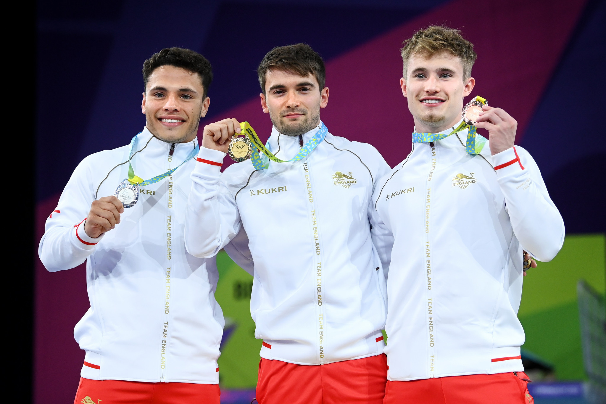 Daniel Goodfellow, centre, shares the podium with Jordan Houlden, left, and Jack Laugher, right ©Getty Images