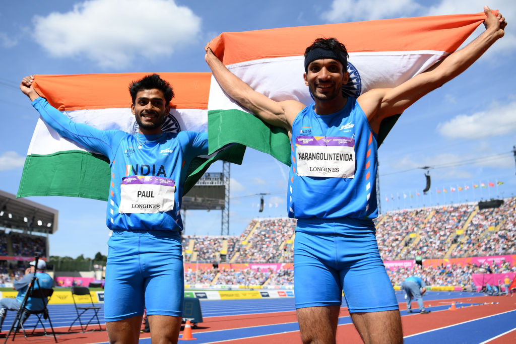 India's Eldhose Paul and Abdulla Narangolintevida, gold and silver medallists respectively, in today's men's triple jump final at the Alexander Stadium ©Getty Images