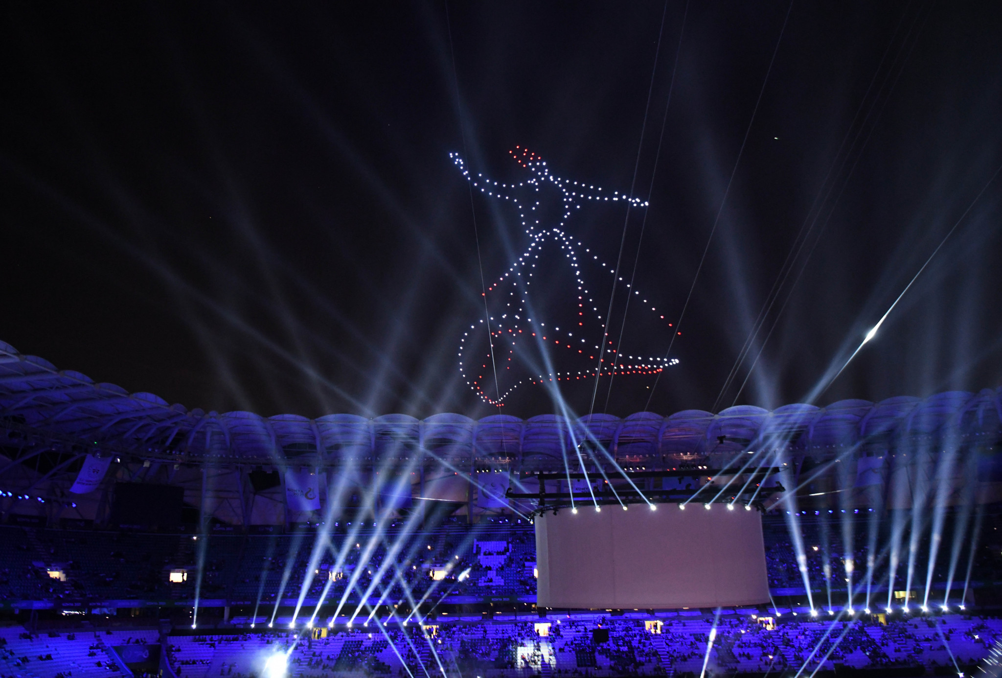 Drones came to together to form a whirling Dervish spinning above the stadium ©Konya 2021