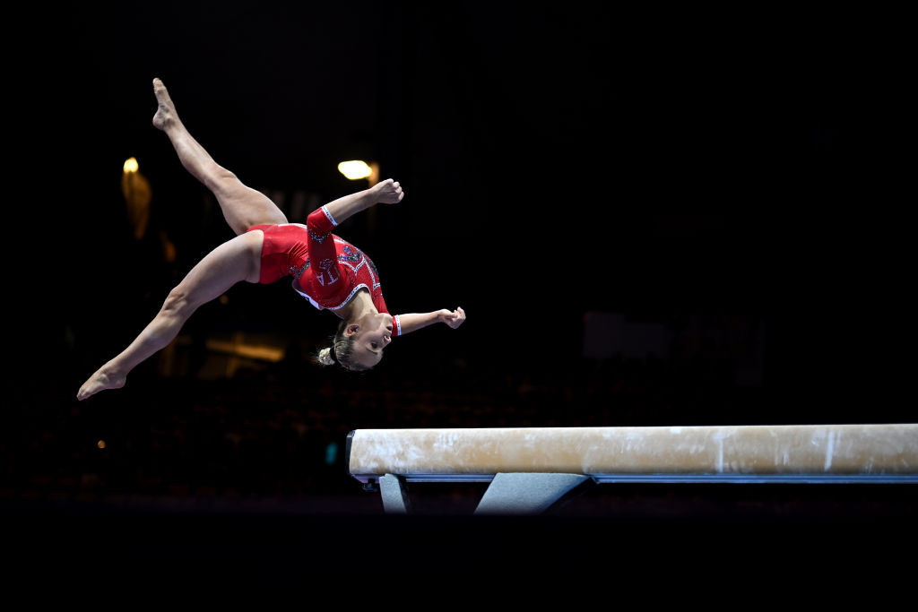 Italy's Asia D'Amato competes on the balance beam en route to winning the women's all-around artistic gymnastics title at the European Championships in Munich ©Getty Images