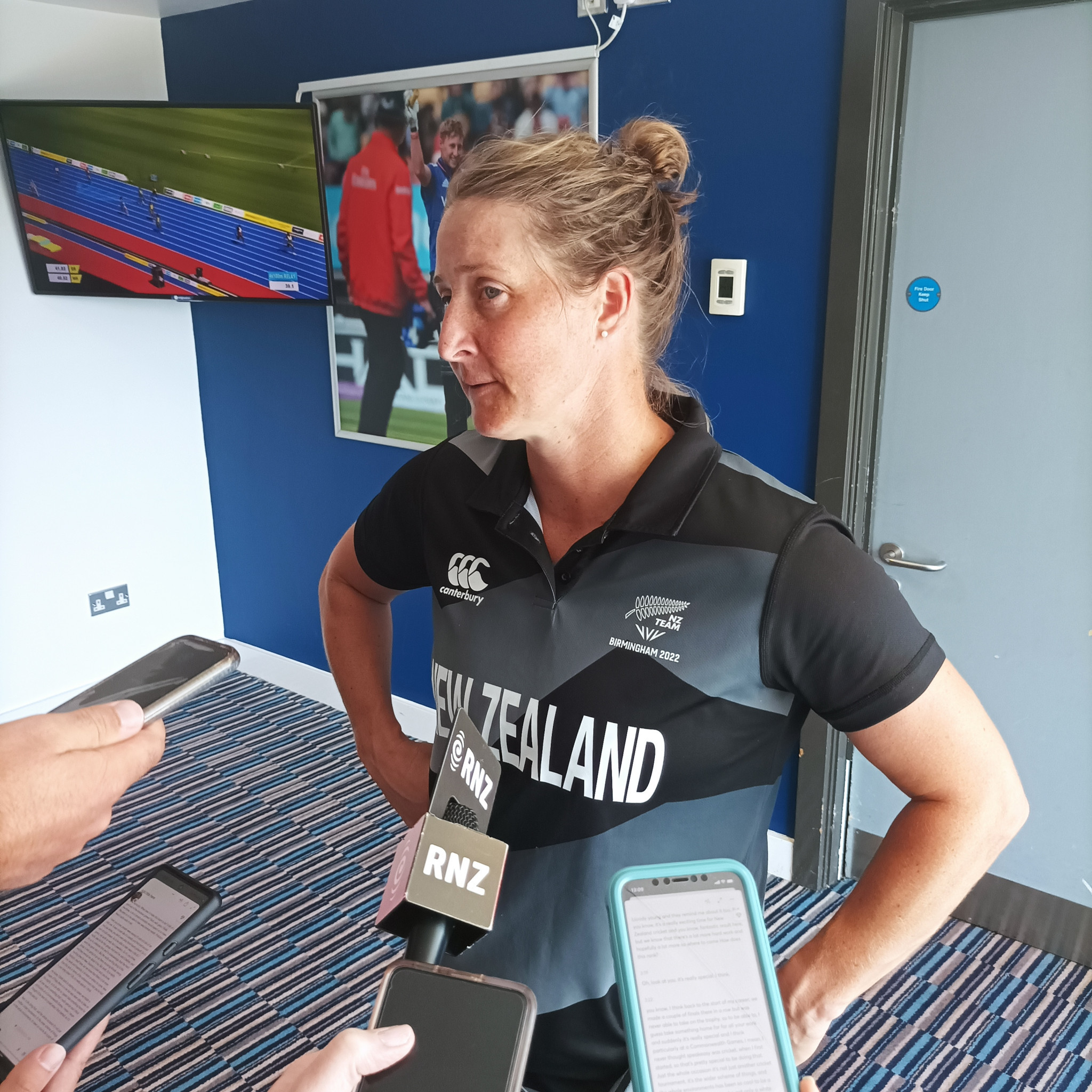 The microphones confronting New Zealand captain Sophie Devine demonstrated the increase in media attention since the first Women's World Cup in 1973  ©ITG