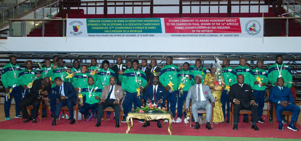 All of Cameroon's sambists from the recent continental championships were honoured by President Paul Biya ©FIAS