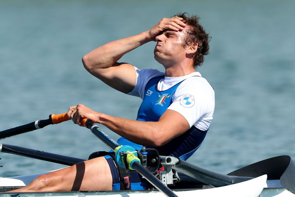 Giacomo Perini of Italy reacts after winning gold in the first rowing final of the Munich 2022 European Championships, the men's Para rowing single sculls ©Getty Images