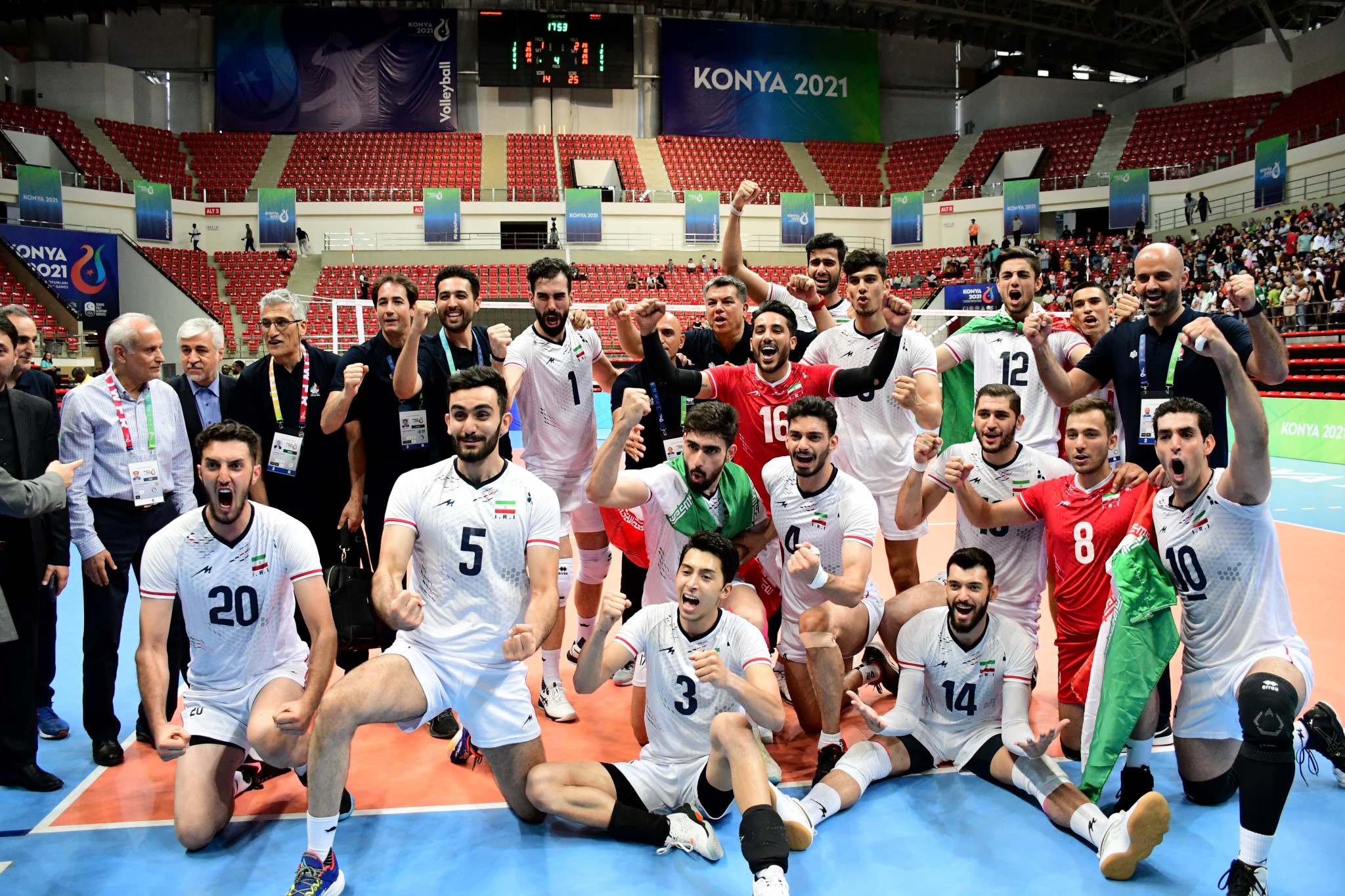Iran's players celebrate after securing a fourth successive men's volleyball crown with victory over Cameroon ©Konya 2021