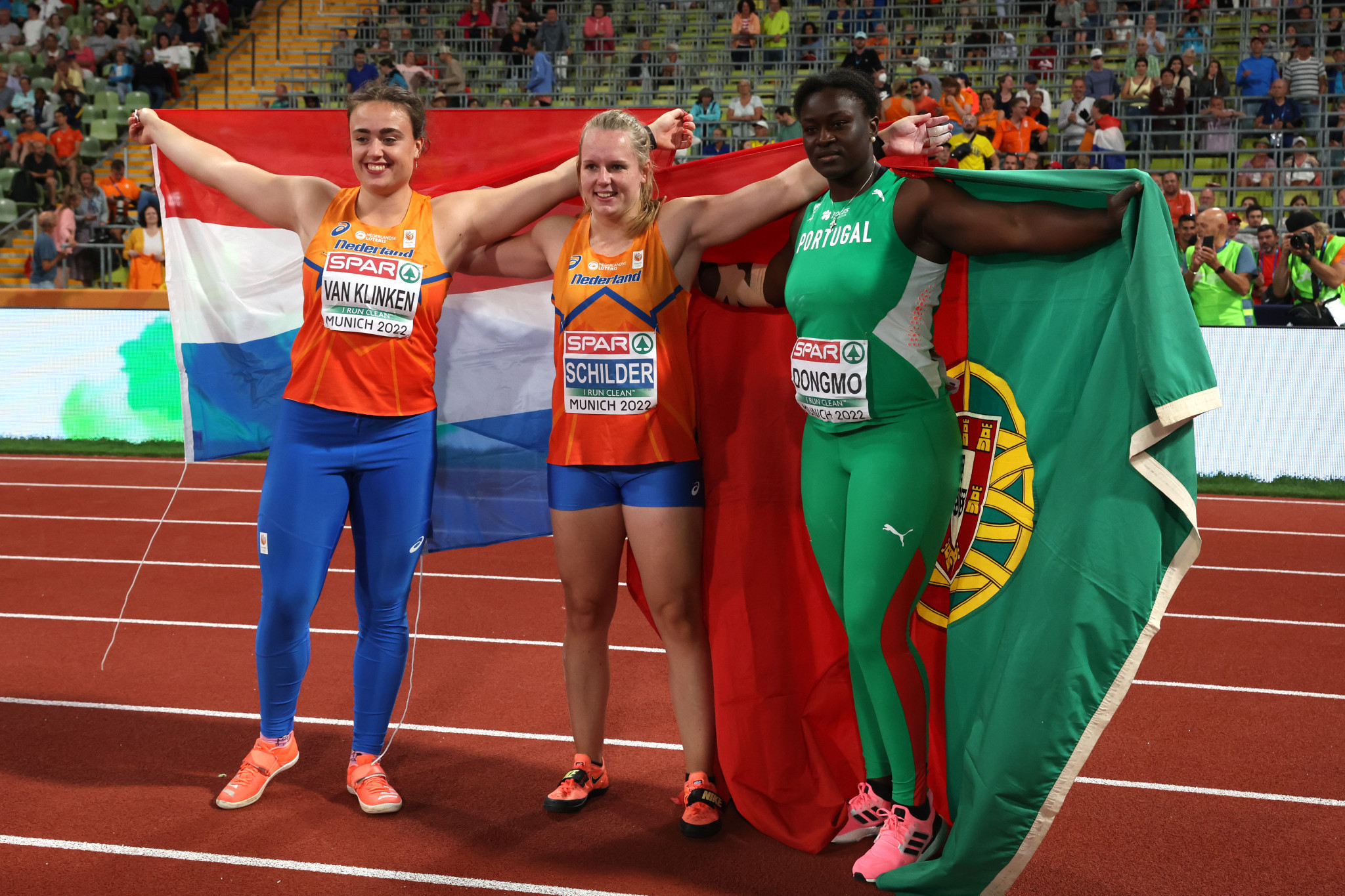 Bronze medallist Jorinde Van Klinken, left, gold medallist Jessica Schilder, centre, and silver medallist Auriol Dongmo made up the women's shot put podium ©Getty Images