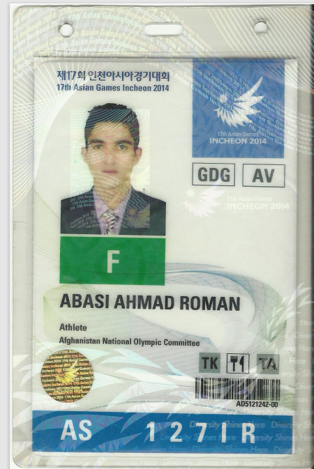 Ahmad Roman Abasy' identity card for the Incheon 2014 Asian Games in South Korea, where he won a taekwondo bronze medal in the men’s 63 kilograms category ©Ahmad Roman Abasy