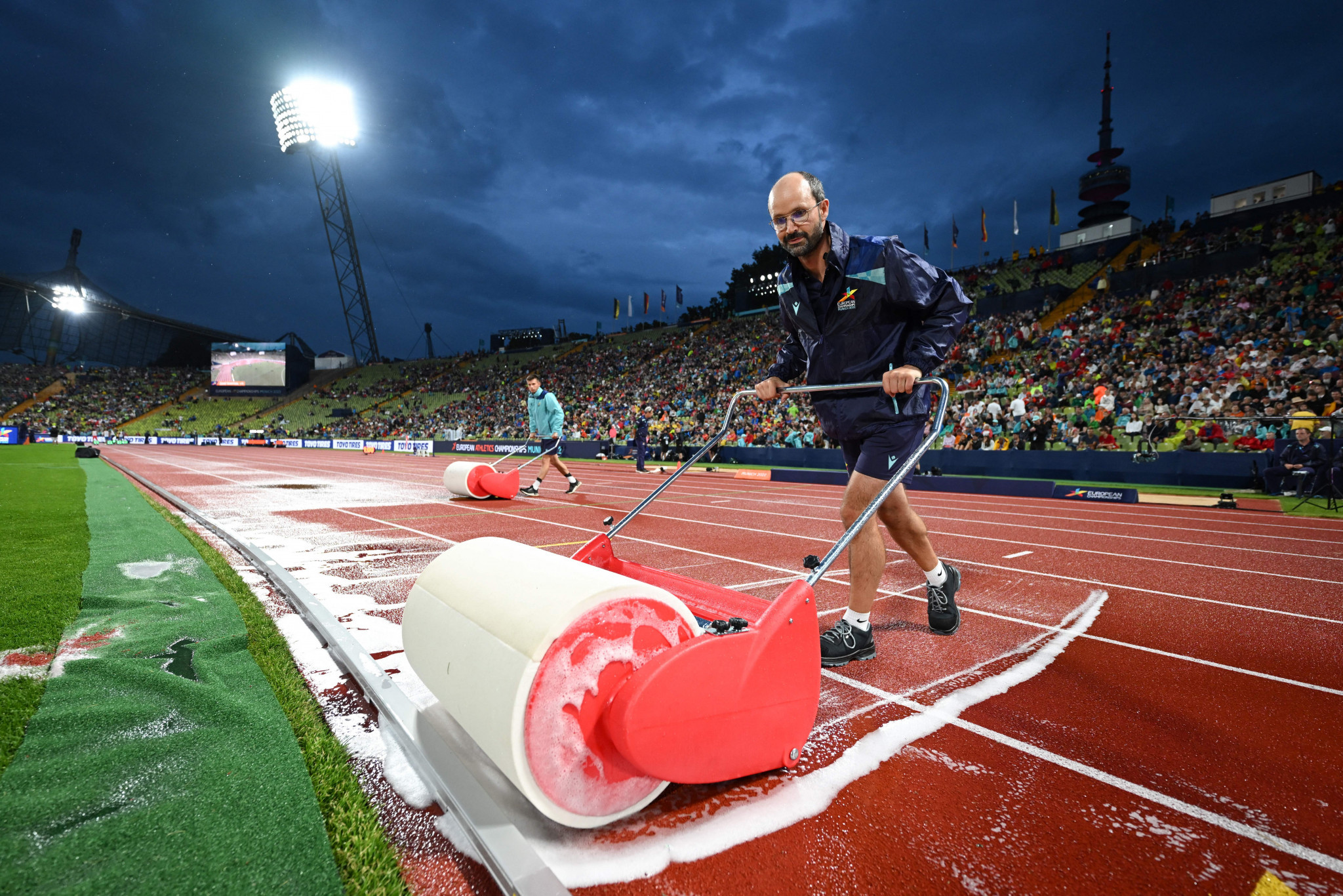 Heavy rain combined with thunder and lightning forced a delay to the start of the evening athletics session ©Getty Images