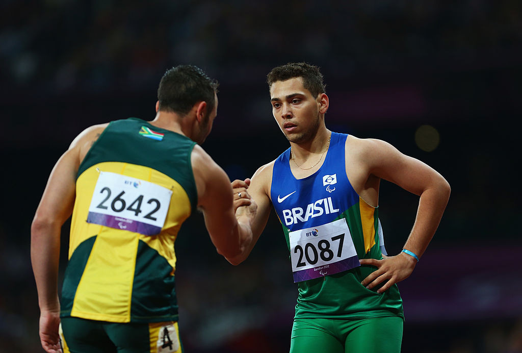 Oscar Pistorius congratulated winner Alan Oliveira after the men's T44 200m at the London 2012 Paralympics - but shortly afterwards the South African would claim: 
