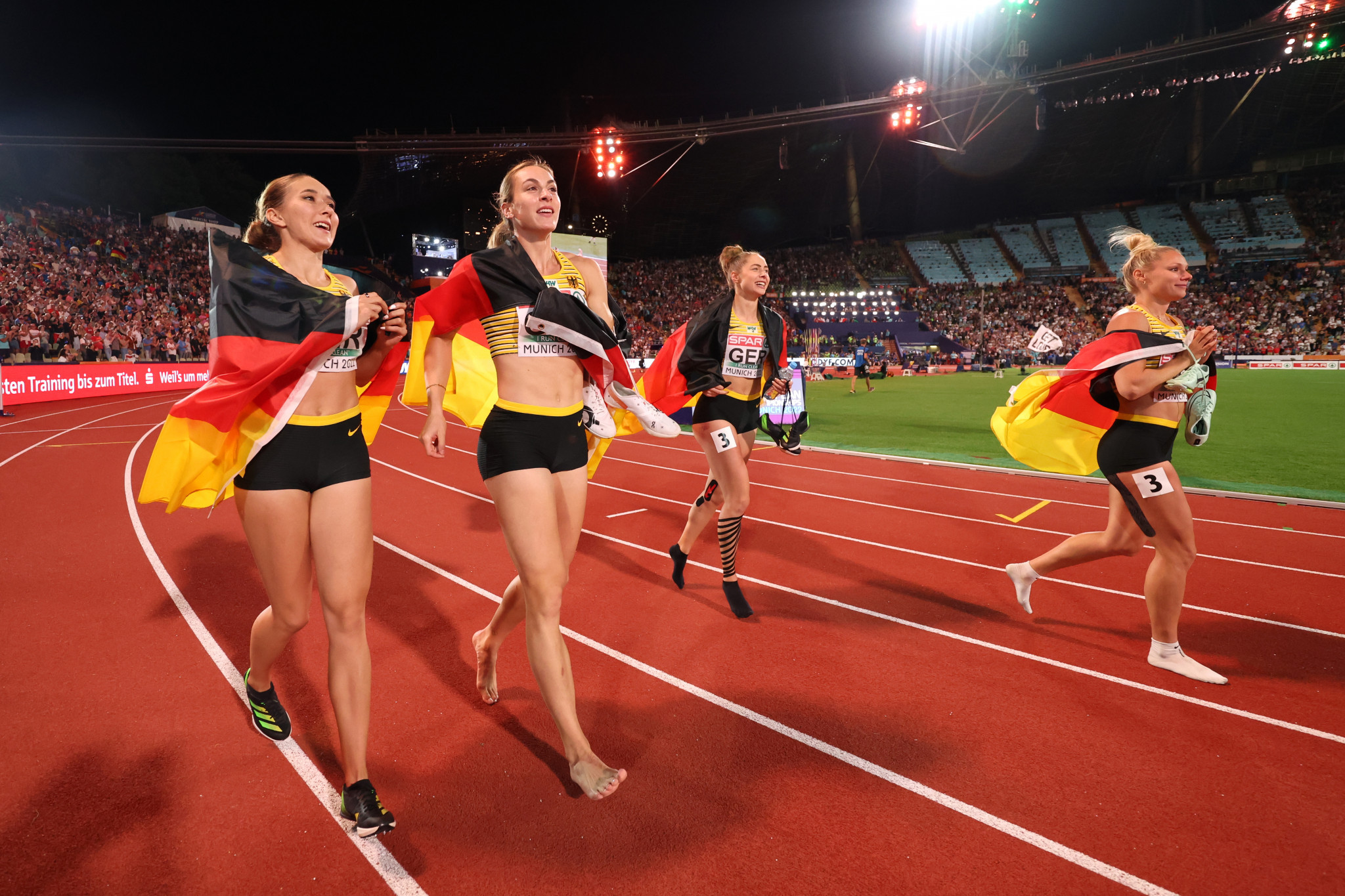 Hosts Germany won the women's 4x100 metres relay in front of a jubilant home crowd at the Olympiastadion to clinch top spot on the athletics medals table at Munich 2022 ©Getty Images