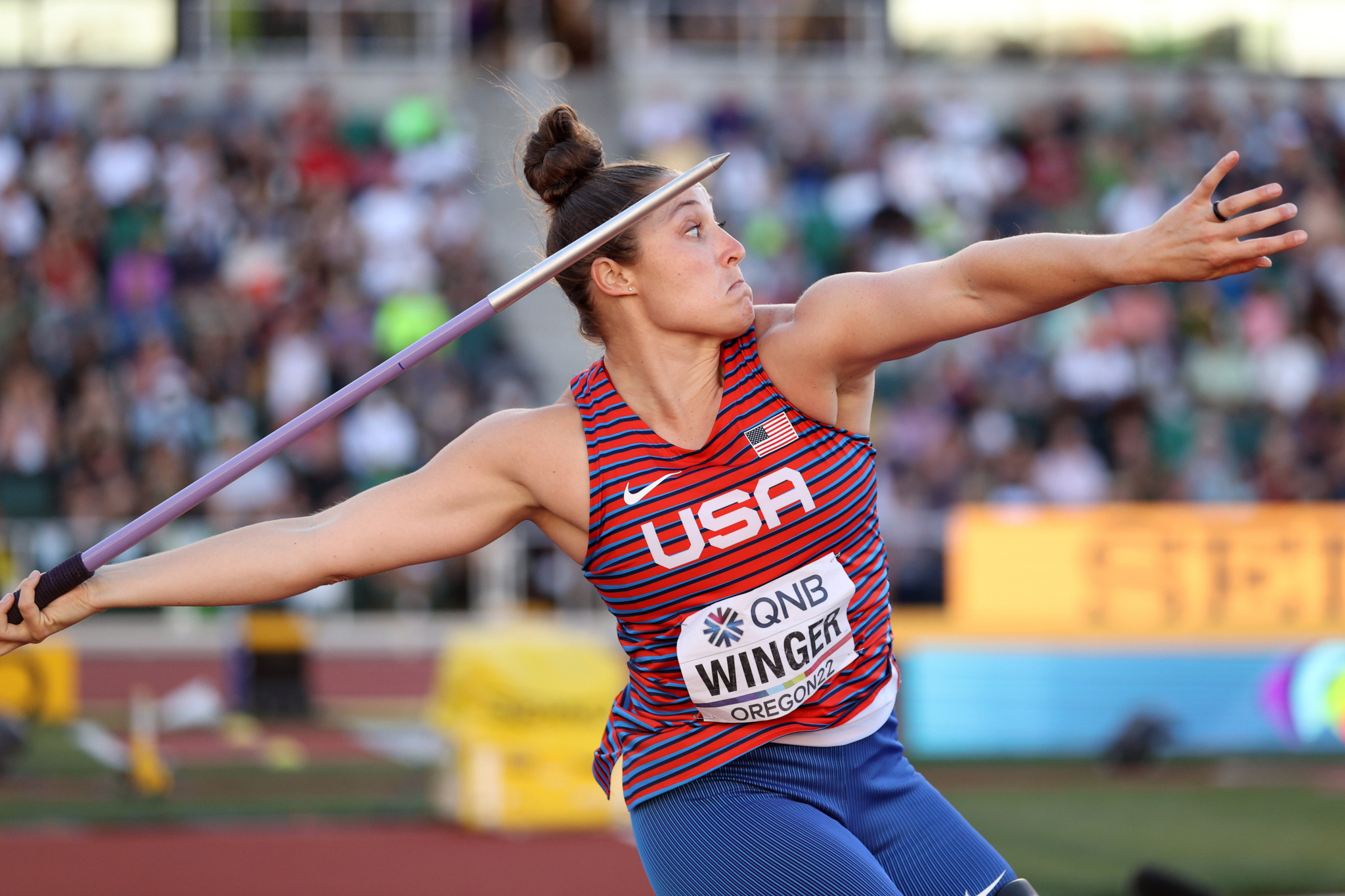 Kara Winger could not be matched in the women's javelin as she comfortably secured gold ©Getty Images