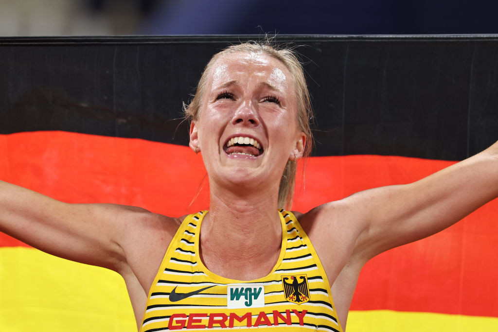 Germany's Lea Meyer, silver medallist in the women's 3,000m steeplechase in the Munich Olympic stadium, said: "It felt like a team achievement, the audience and me, we did this together" ©Getty Images
