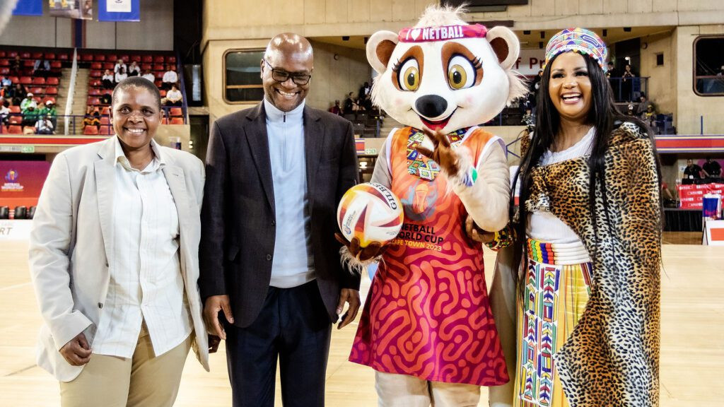 Letsatsi, second right, is the mascot for next year's Netball World Cup ©World Netball