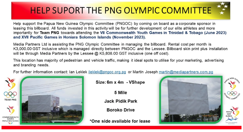 A billboard lease is set to benefit Papua New Guinea athletes ©Media Partners