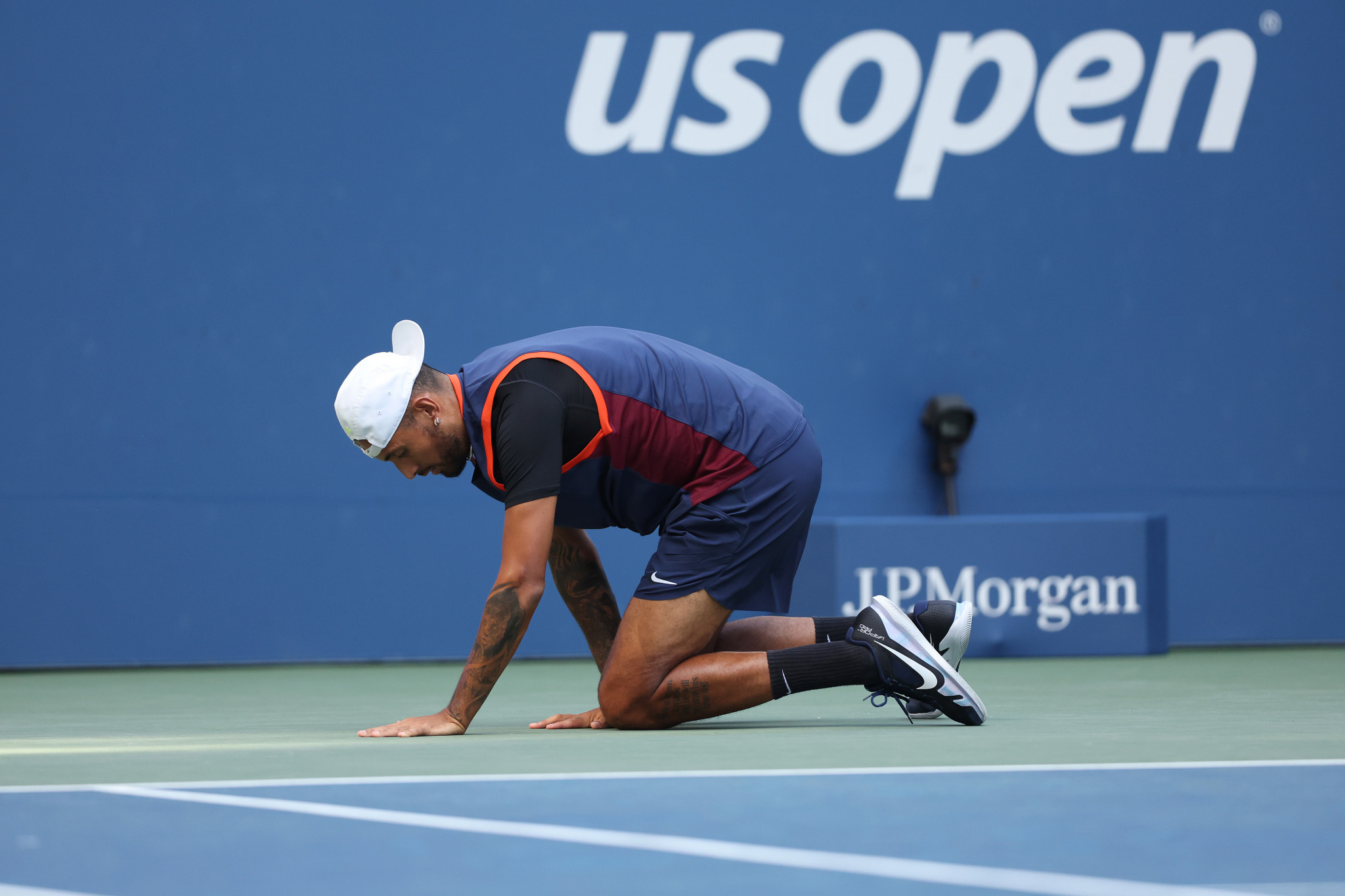 Australia's Nick Kyrgios takes a tumble during his second-round match with Benjamin Bonzi ©Getty Images