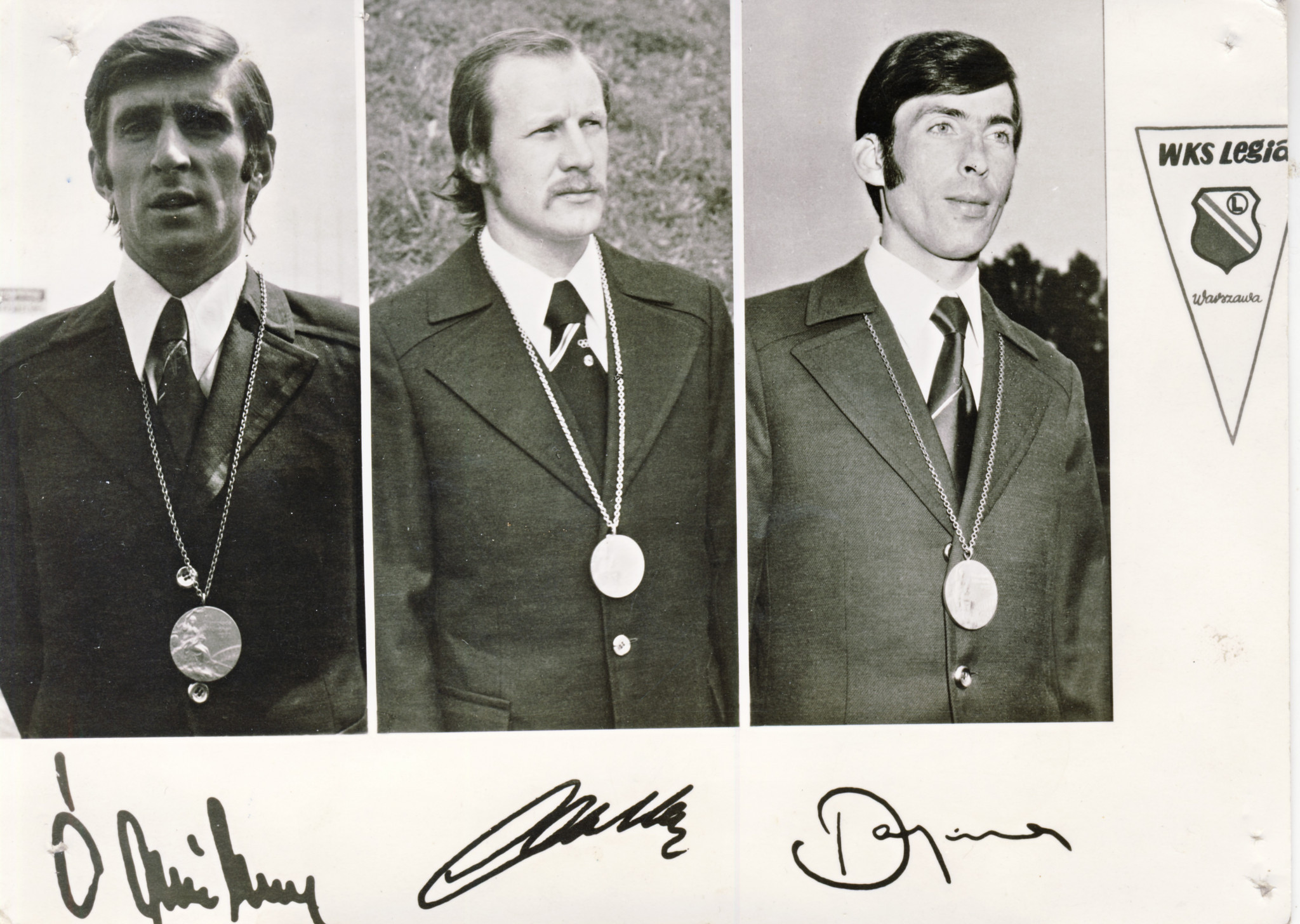 A souvenir postcard commemorating Legia Warsaw's three gold medallists - Leslaw Ćmikiewicz, left, Robert Gadocha, centre, and Kazimierz Deyna ©Legia Warsaw 