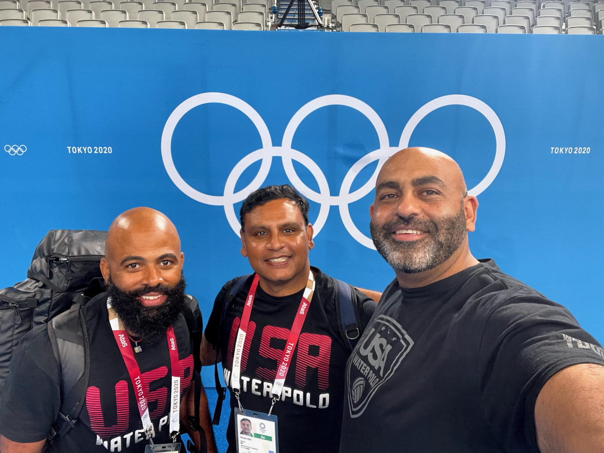 Dr Naresh Rao, centre, pictured with Christopher Bates, left, sport medicine manager of USA Water Polo and John Abdou, right, USA Water Polo chief high performance officer, during Tokyo 2020 ©Dr Naresh Rao