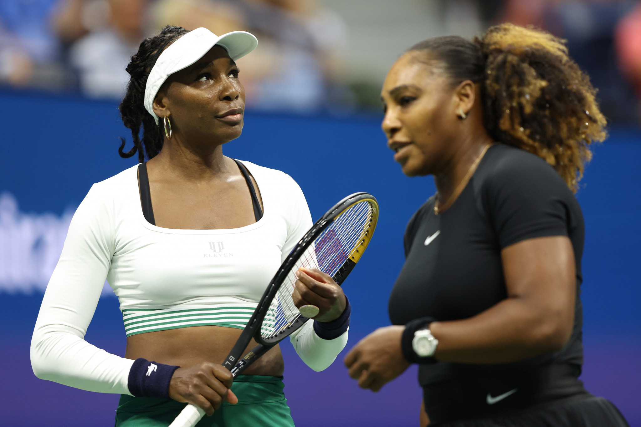 Serena Williams, right, and sister Venus began their women's doubles campaign on Arthur Ashe Stadium in the night session ©Getty Images