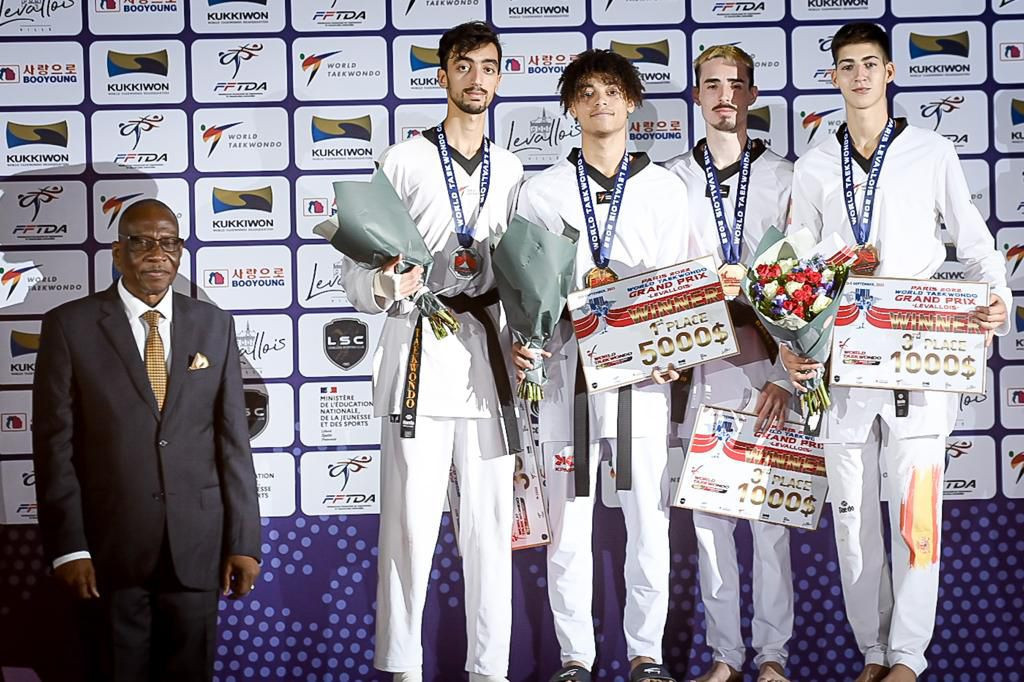 Mohamed Khalil Jendoubi, second to left, lost to Cyrian Ravet, centre, in the final of men's under-58kg ©World Taekwondo