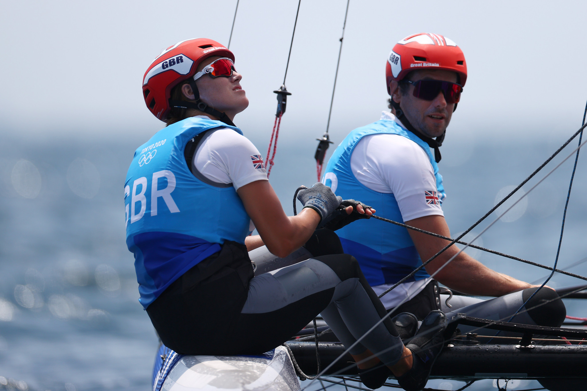 Anna Burnet, left, and John Gimson, right, were not able to break into the initial five of the Nacra 17 event ©Getty Images