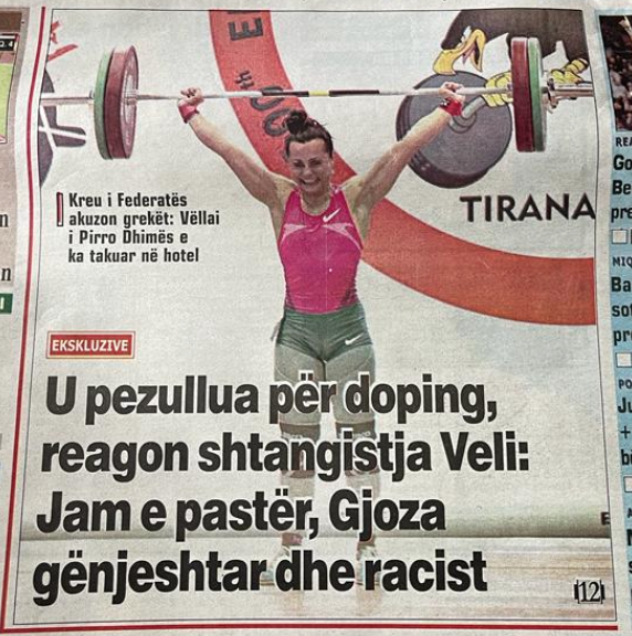 A screengrab of a newspaper headline when Evagjelia Veli called the Albanian Weightlifting Federation President Gjoza 