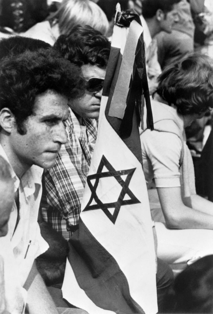 Members of the Israeli team mourn during a memorial ceremony held on September 6 1972 at the Munich Olympic stadium after 11 of their party had been killed by Palestinian Black September terrorists ©Getty Images