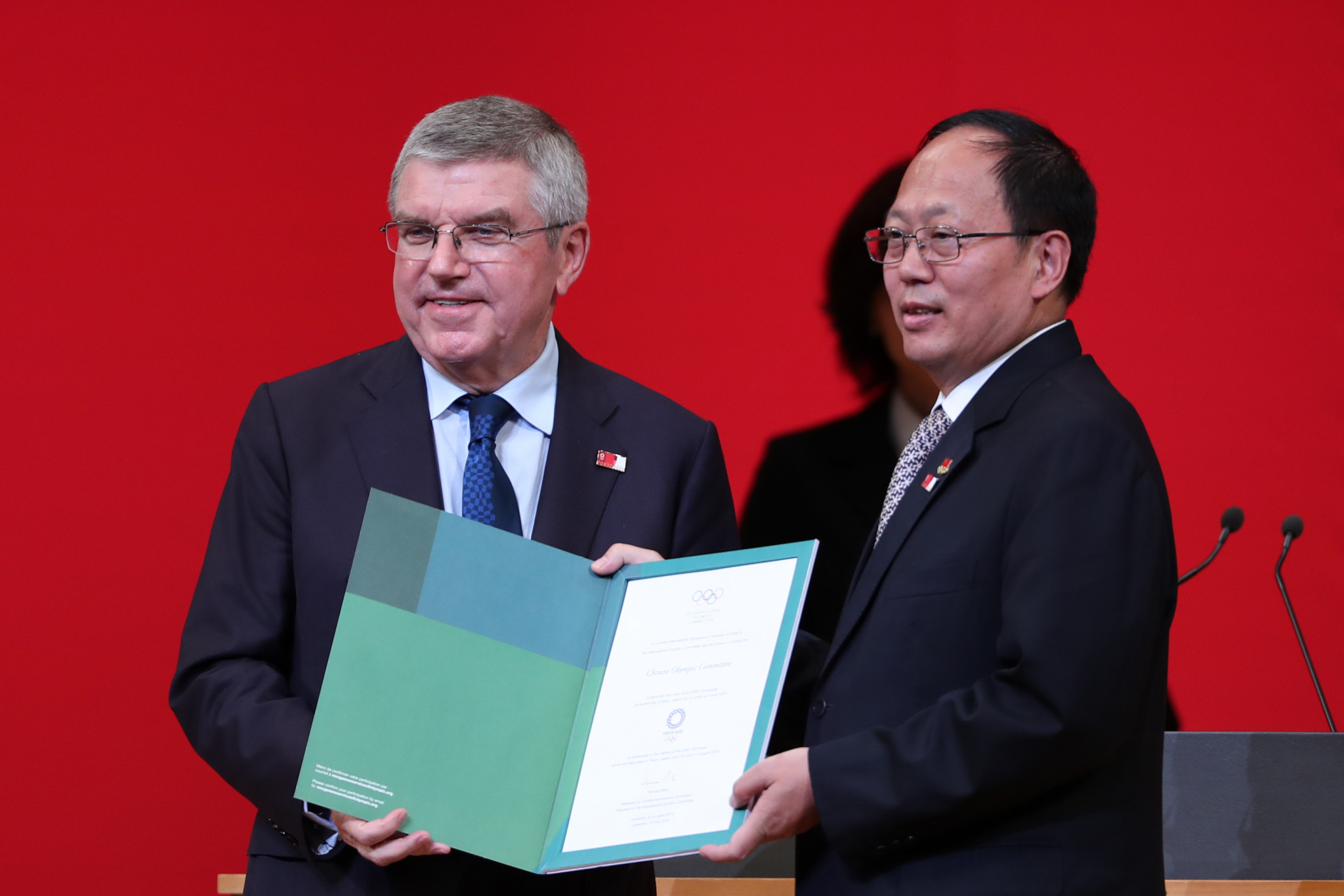 Gou Zhongwen, pictured right alongside IOC President Thomas Bach, has stood down as Chinese Olympic Committee President, being replaced by Gao Zhidan ©Getty Images