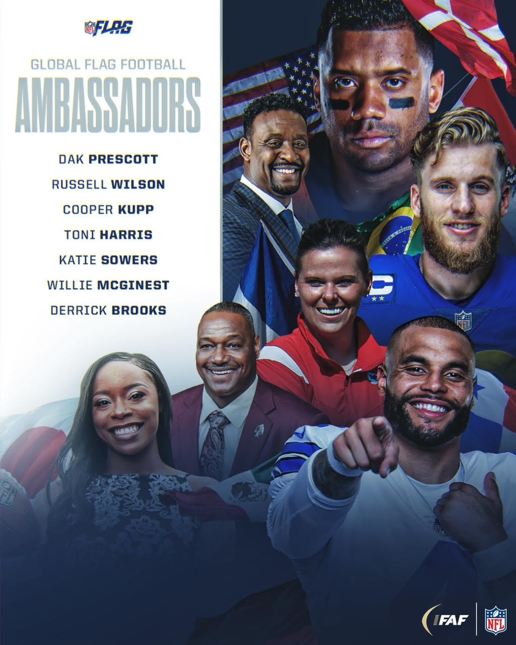 Seven former and present American football players and coaches have been named as the first global flag football ambassadors ©IFAF