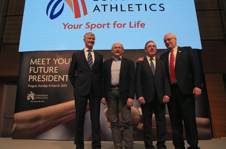 European Athletics President Hansjörg Wirz (second left) and the three men vying to replace him tomorrow - (from left), Antti Pihlakovski, Jean Gracia and Svein Arne Hansen