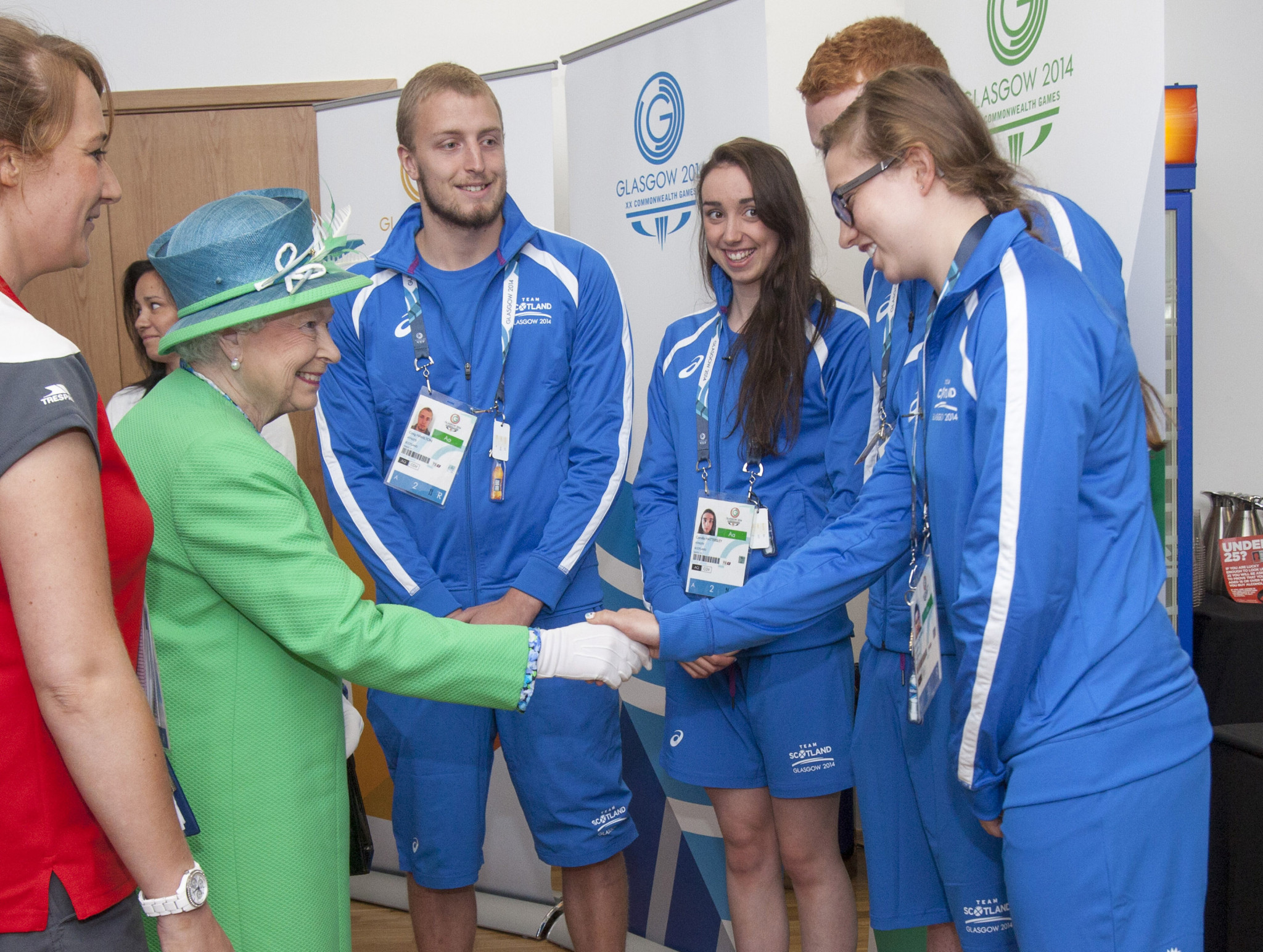 Queen Elizabeth II meets Scottish swimmers during the 2014 Commonwealth Games in Glasgow ©Getty Images