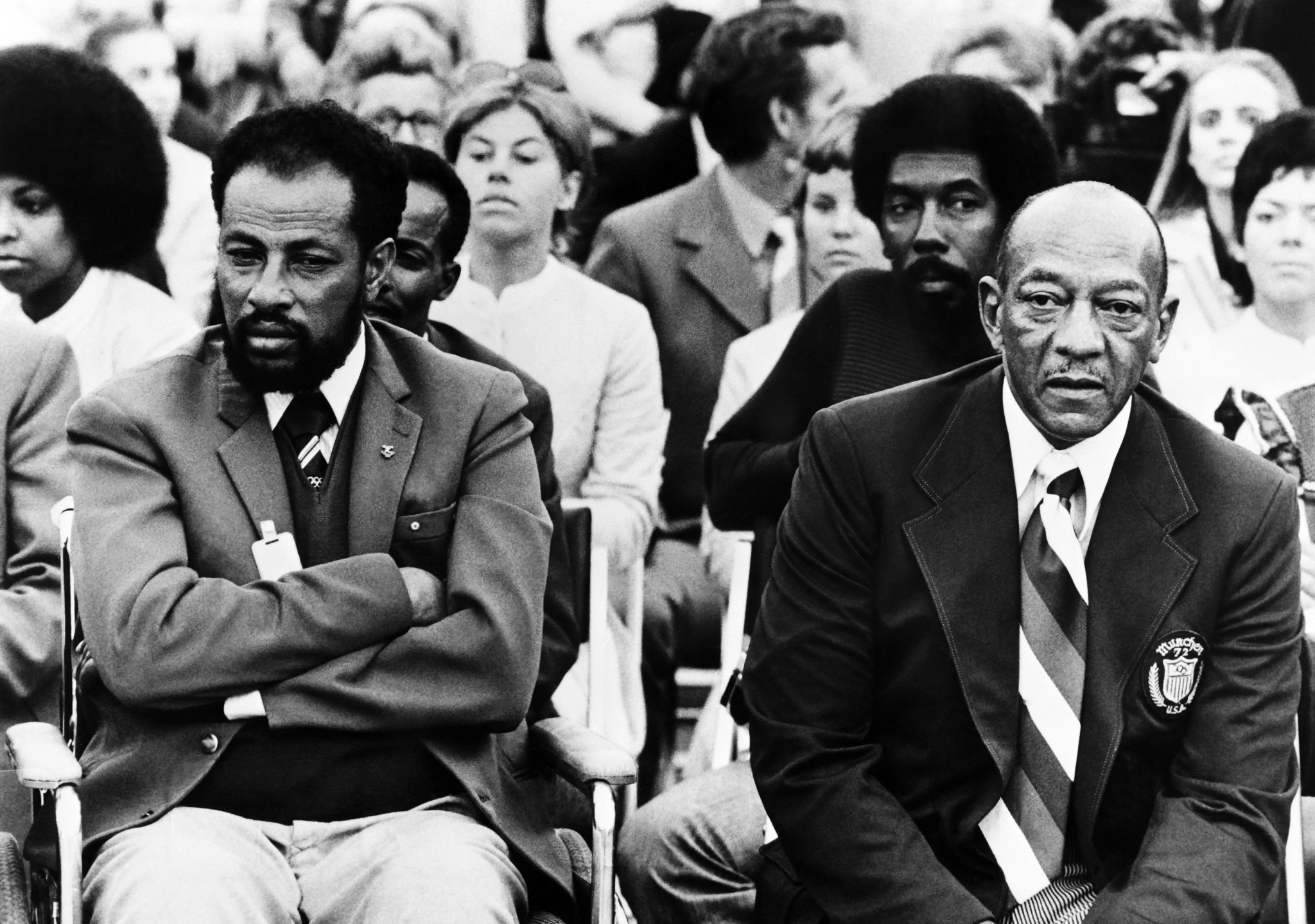Jesse Owens, right, with Ethiopian marathon runner Abebe Bikila at the 1972 memorial service Getty Images
