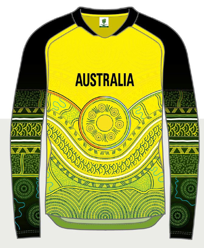 The Australian shirt for the T20 World Cup is produced by Asics from a design by Aunty Fiona Clarke and Courtney Hagen ©Asics