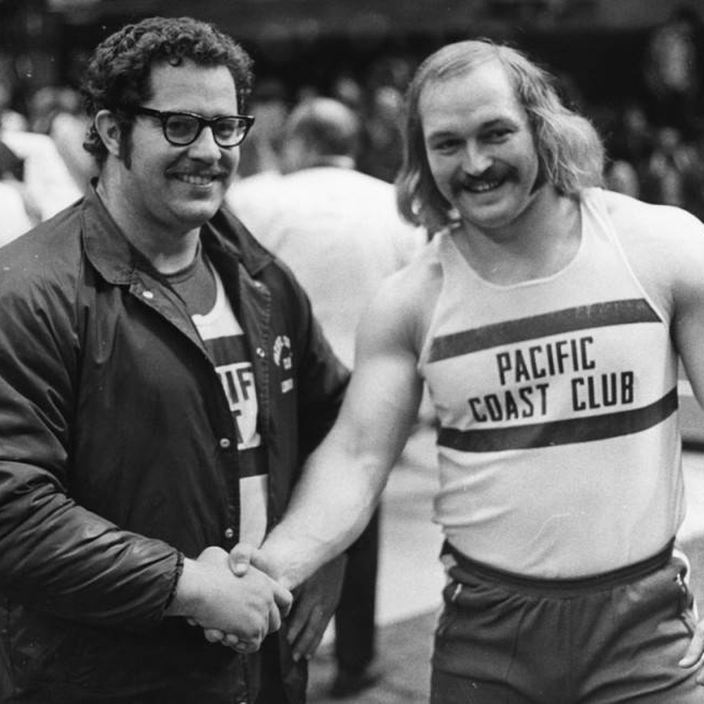 George Woods, left, broke the world indoor record for the shot put five times in 1974 ©Getty Images