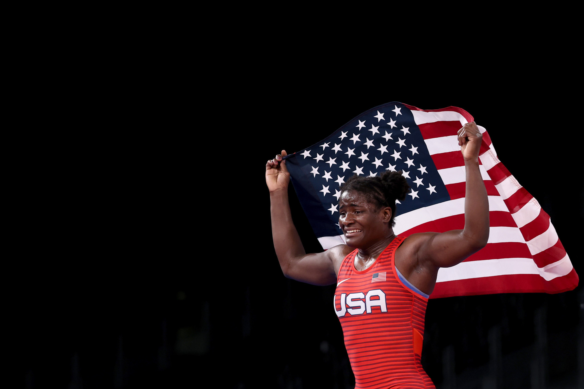 Tamyra Stock-Mensah of the US is back on top of the podium after a title win at the World Wrestling Championships ©Getty Images
