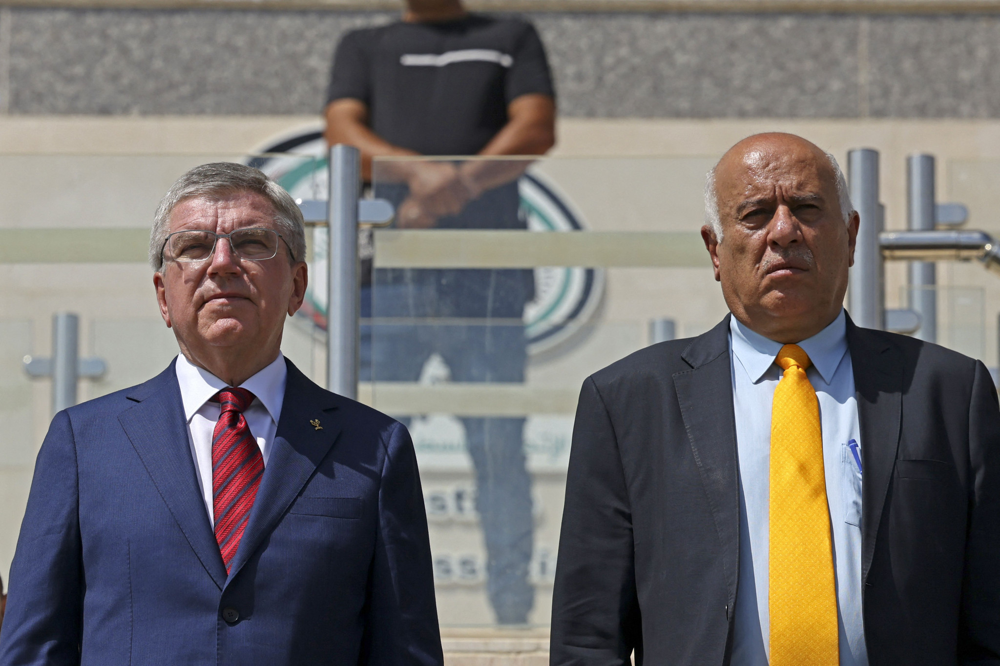 IOC President Thomas Bach, left, was welcomed to Palestine by his POC counterpart Major General Jibril Mahmoud Muhammad Rajoub, right ©Getty Images