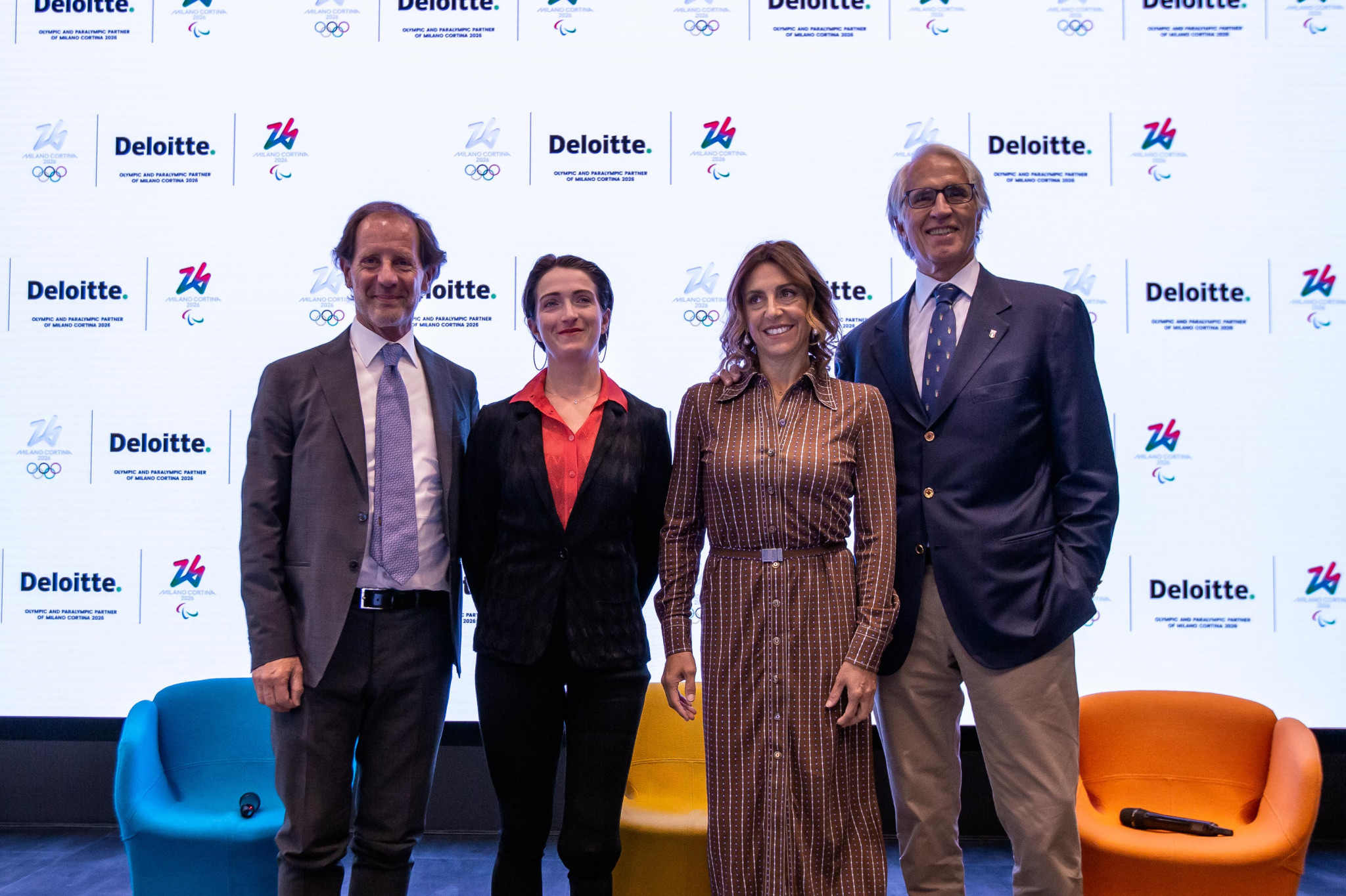 Double Paralympic gold medallist Martina Caironi, second from left, and triple Olympic Alpine skiing champion Deborah Compagnoni, second from right, helped celebrate the sponsorship deal ©Milan Cortina 2026