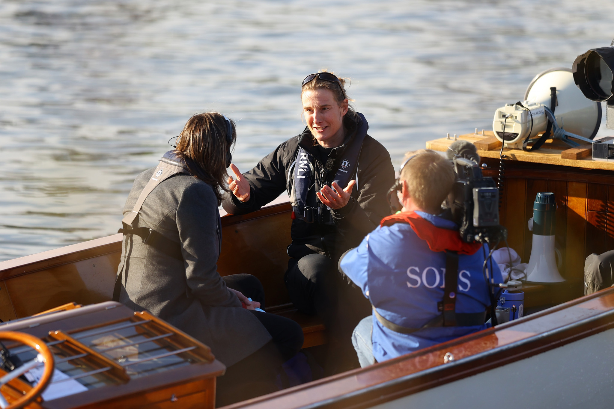 Sarah Winckless, pictured here being interviewed, became the first woman to umpire a men's University Boat Race when she oversaw the 2021 edition ©Getty Images