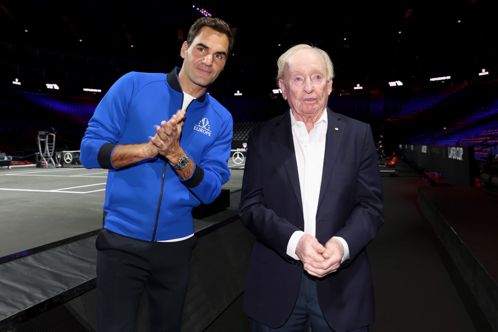 Roger Federer, left, with Rod Laver in London this week; the pair have 31 Grand Slam singles titles between them ©Getty Images