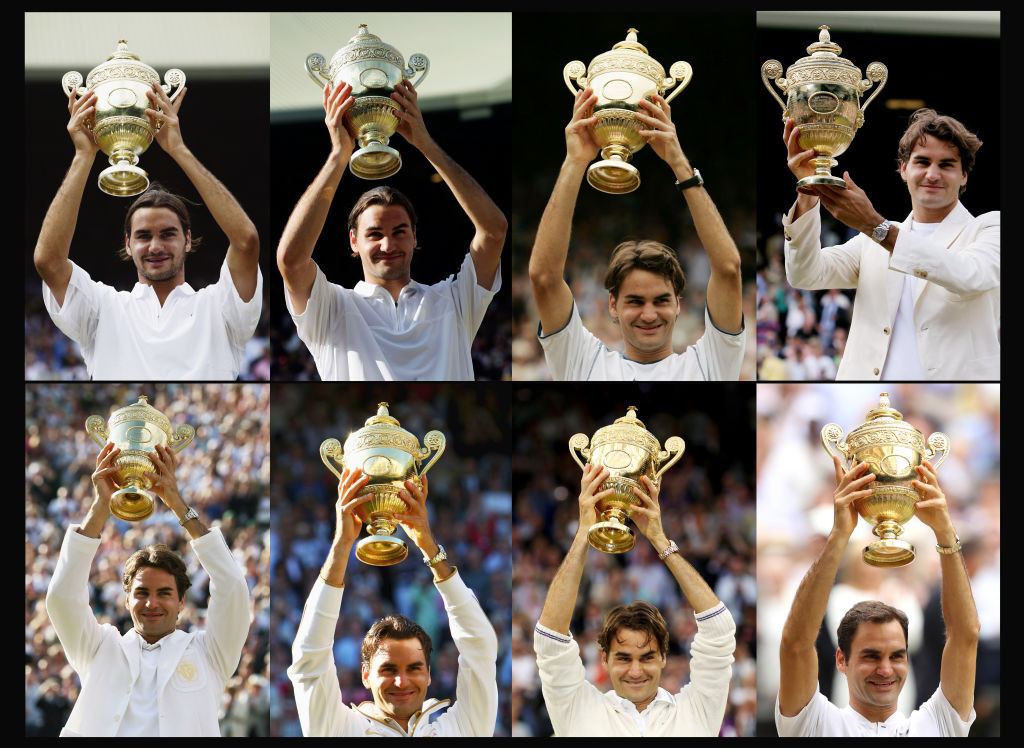 Roger Federer holds the record of eight Wimbledon men's titles won in 2003, 2004, 2005, 2006, 2007, 2009, 2012 and 2017 ©Getty Images