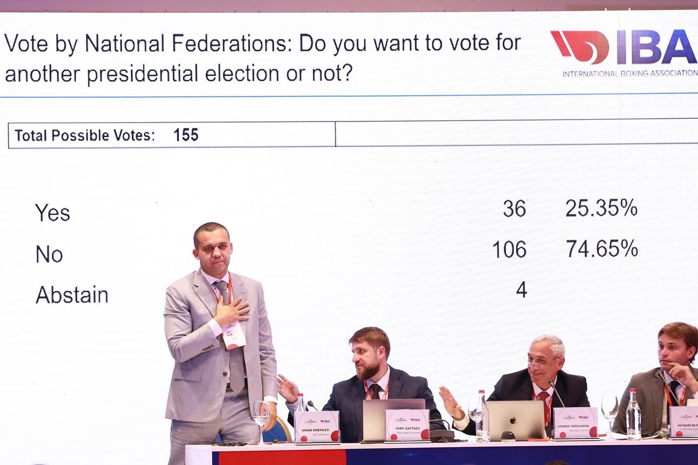 Incumbent Umar Kremlev, furthest left, remains IBA President after the Extraordinary Congress voted against a fresh election ©IBA