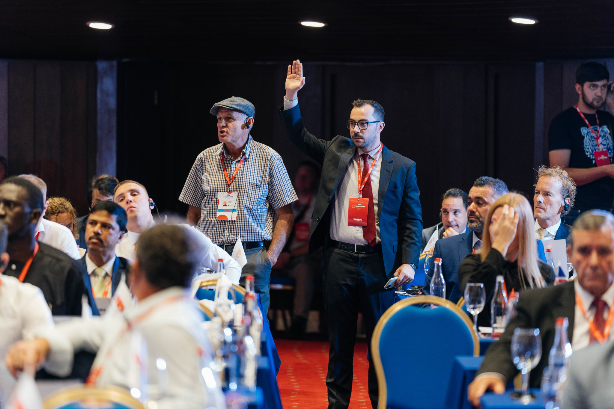 The Dutch voting delegate, right, was involved in a series of exchanges with IBA secretary general George Yerolimpos at the Extraordinary Congress ©IBA
