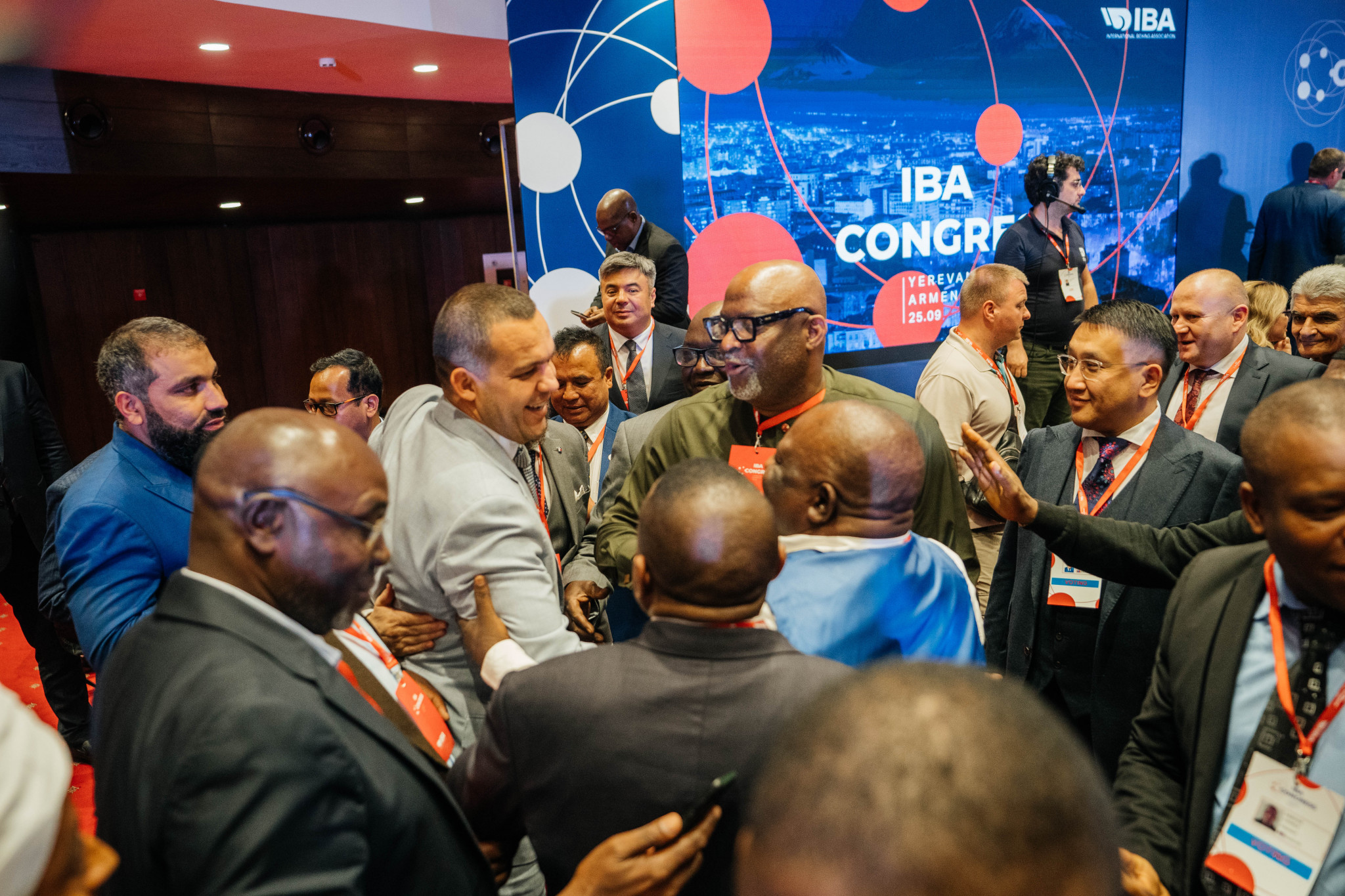 Umar Kremlev celebrates with supporters after the IBA Extraordinary Congress had rejected a motion to re-stage the election for President ©IBA