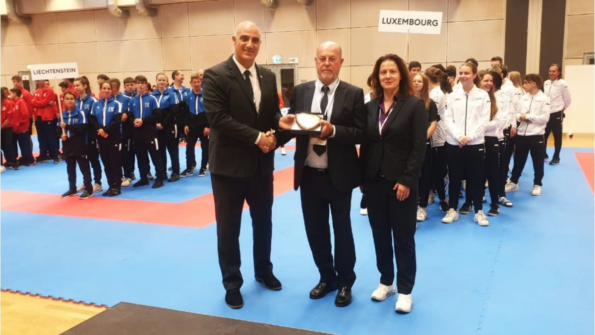 WKF and EKF President Antonio Espinós, centre, travelled to the Small States of Europe Karate Championships ©WKF 