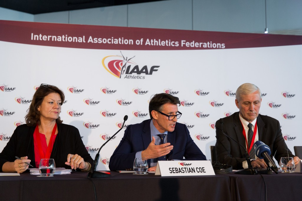 Sebastian Coe, centre, and Rune Andersen, right, head of the IAAF Taskforce, announced today that Russia's suspension has not been lifted ©Getty Images